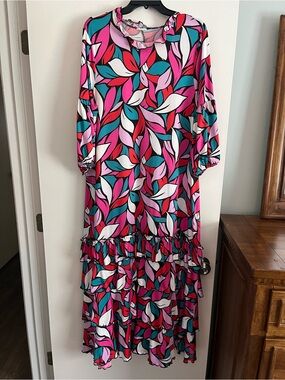 Zadie Bs Floral Leaf Print Ruffle Midi Dress - Pink Multi